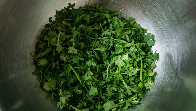 Finely chop fresh culantro in a stainless steel bowl, enhancing flavor in culinary preparations.