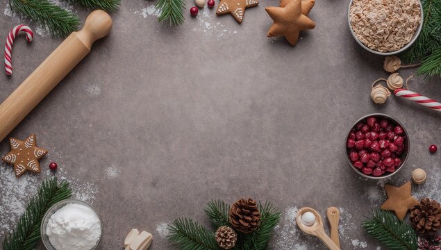 Ingredients and dough prepared for holiday gingerbread cookie baking. Aerial view with ample space for text.