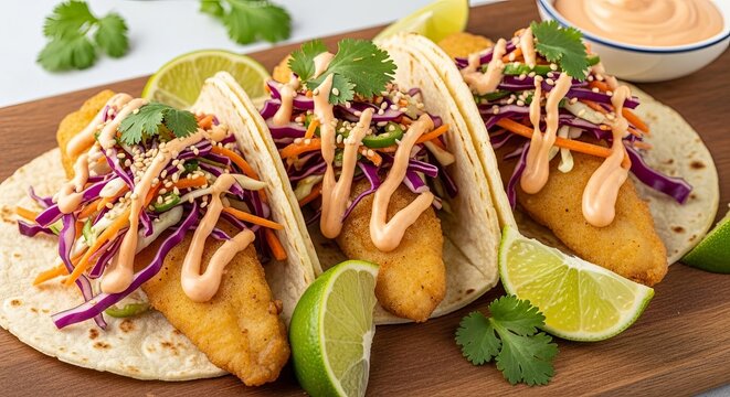 Delicious Crispy Fish Tacos with Creamy Sauce and Fresh Lime.