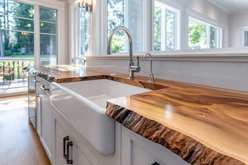 Modern kitchen interior with natural wood countertops and farmhouse sink