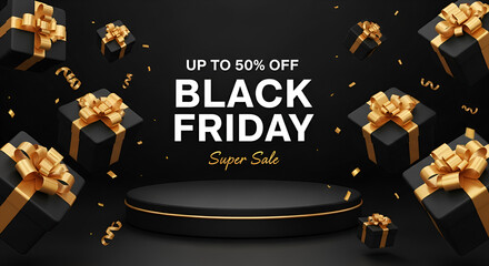 Black friday background with gift box and ribbon golden luxury, Realistic showing podium. 3d vector illustration.