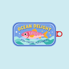 Cute Sardine Can Label Design. Ocean Delight Fish Logo Vector. Cartoon Tinned Seafood Sticker. Retro Food Packaging Emblem. Pink Fish Mascot Illustrat