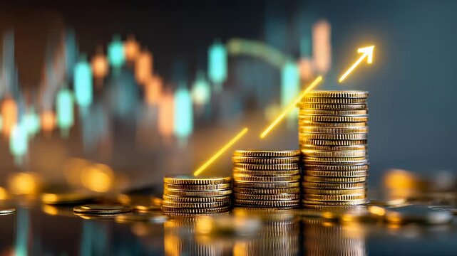 Rising coin stacks illustrate money growth trend. Finance market stack boosts profit. Coins wealth stack drives investment. Money trend stack symbolizes finance profit, growth and investment. - Powered by Adobe