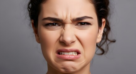 Portrait of a woman with disgust expression, scrunched nose, isolated on gray