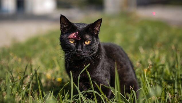 Homeless black cat rests in grass, visible head wounds and scars, reflecting the theme of isolation