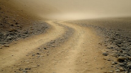 Dusty, winding dirt road disappears into the haze, under a sandy hillside