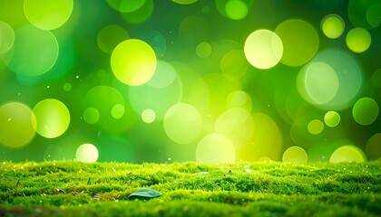 Fototapeta premium Close-up of lush green moss with out-of-focus, vibrant circular bokeh lights creating a dreamy effect. Tiny particles float
