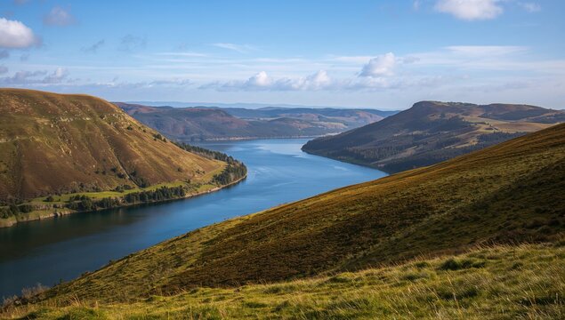 Lush green hills bordered by a dense forest with a serene blue water backdrop, seasonal change