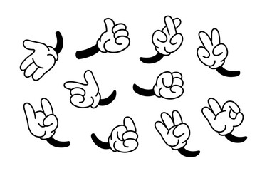 Cartoon hand gesture elements. Set of 10 retro cartoon glove hand signs. Great for sticker design, streetwear, comics, and character illustration. Vector illustration