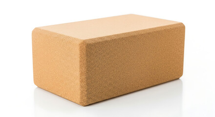 A single tan yoga block with rounded edges sitting on a white surface in a studio setting view
