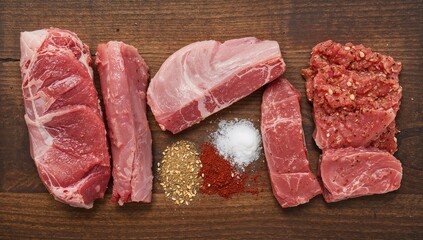 Variety of pork pieces with spices displayed on a wooden board