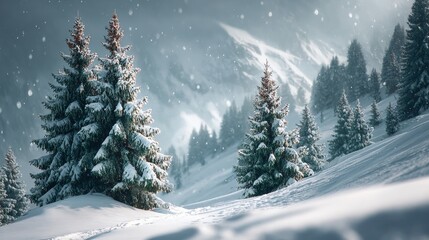 Fototapeta premium Snowy Winter Landscape with Evergreen Trees, Tranquil Hills, and a Serene Adventure Mood in Nature