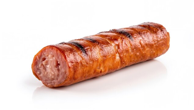 Isolated slice of grilled bratwurst on a white background, processed meat risk