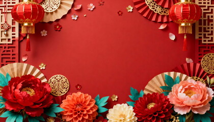 Lunar New Year Background with Traditional Decorations and Blooming Peonies
