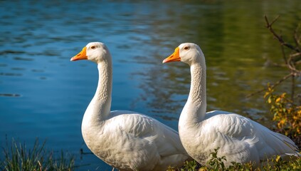 Obraz premium Geese swimming in a pond, seasonal change, summer
