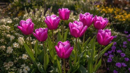 Obraz premium Vibrant purple tulips blooming during springtime, symbolizing seasonal change