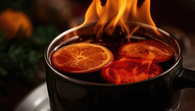 Traditional German Christmas drink Feuerzangenbowle featuring hot wine with citrus and spices, enhanced by burning sugar, festive season