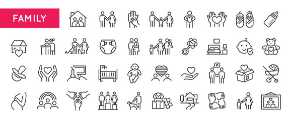 Family icons. Large set of family trendy minimal icons. Parent, Baby, Home, Heart, Diaper, Crib, Gift icon. Design signs for web page, mobile app, packaging design. Vector illustration
