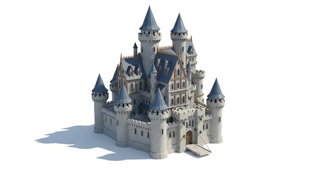 Fototapeta premium A detailed rendering of a grand castle with multiple towers and a drawbridge on a white background