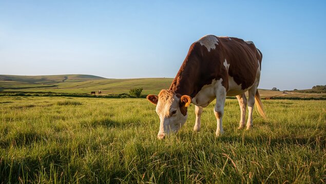 A cow grazing in a green meadow, highlighting the serene connection to nature