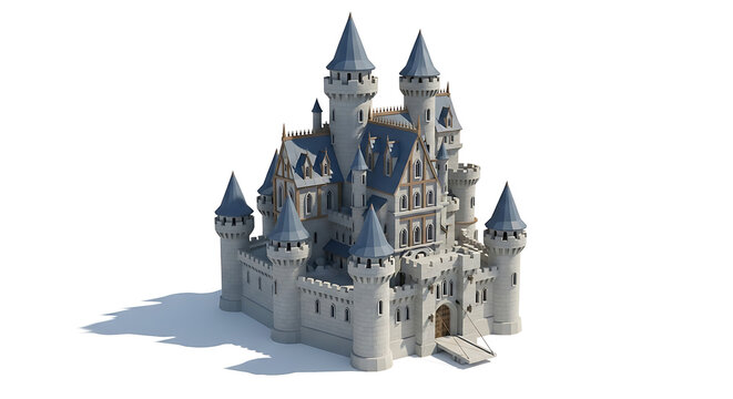 A detailed rendering of a grand castle with multiple towers and a drawbridge on a white background