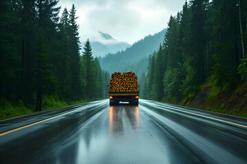 Scenic forest road with truck carrying logs in misty rainy weather