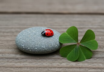 Lucky Ladybug on a Stone with a Four Leaf Clover Symbolizing Good Fortune.