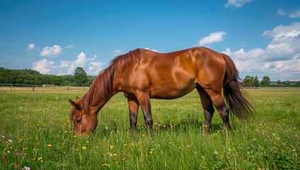 Obraz premium Horse grazing on a sunny meadow, showcasing the serene atmosphere of nature