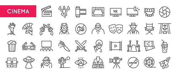 Cinema icons. Large set of cinema trendy minimal icons. Film, Clapper, Screen, Popcorn, Mask, Camera, Ticket icon. Design signs for web page, mobile app, packaging design. Vector illustration