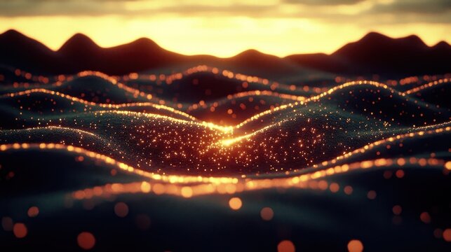 Digital illustration showcasing flowing, illuminated lines across undulating dark surfaces under a warm sunset sky