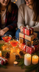 Two cheerful women enjoying cocktails and exchanging wrapped gifts during a cozy Christmas celebration at home