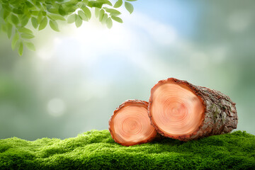 Serene nature scene with tree logs on moss under sunlight for peaceful outdoor design