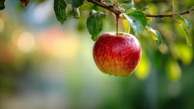 Fresh red apple hanging from a green tree branch in bright daylight, symbolizing health and harvest