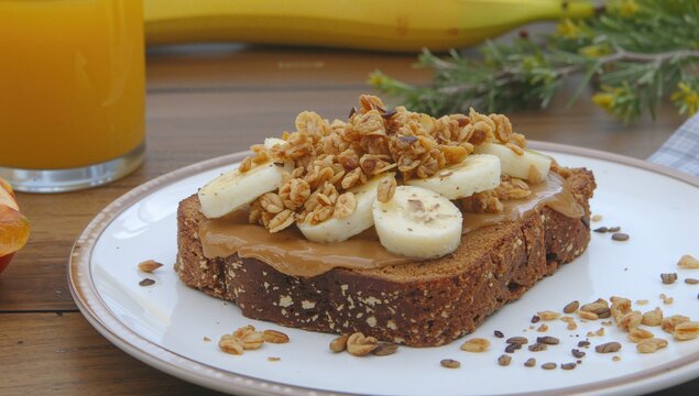 Open sandwich style with peanut butter, sliced banana, granola, and honey, served with fresh orange juice on a wooden table, nutritious breakfast