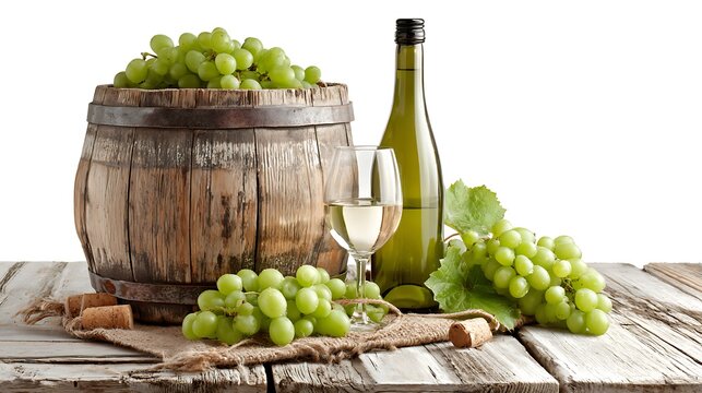 green grapes with wooden barrel and wine bottle and glass isolated on white background 
