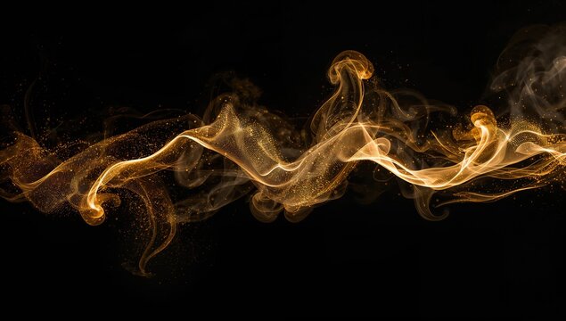Abstract and textured golden smoke swirling against a dark backdrop, visual interest for editorial designs