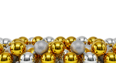 A festive border of gold and silver Christmas ball ornaments with copy space for holiday greeting cards and website banners.Transparent Background, Cutout