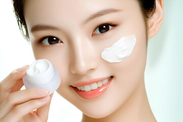 Asian young woman applying face cream skincare routine