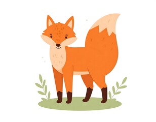 Obraz premium Cartoon illustration of a fox with orange fur and a fluffy tail, standing on a patch of grass