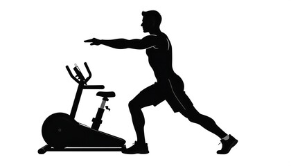 Silhouette of a man stretching before an exercise bike workout.  White background. Side view of the man and equipment
