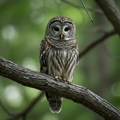 Majestic Barred Owl Perched on a Branch in a Lush Forest.