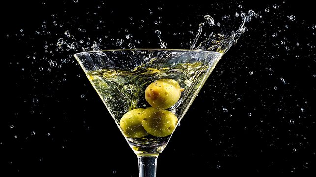 green olive splashes into the water in glass isolated on black background - Powered by Adobe