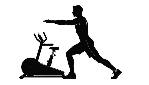 Silhouette of a man stretching before an exercise bike workout. White background. Side view of the man and equipment - Powered by Adobe