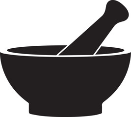 Simple black silhouette of a traditional mortar and pestle a classic tool for grinding and crushing ingredients isolated on a white background
