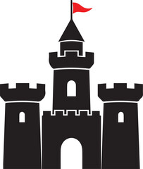 Simple black silhouette of a medieval castle with crenellated towers and a red flag flying from the tallest turret against a white background