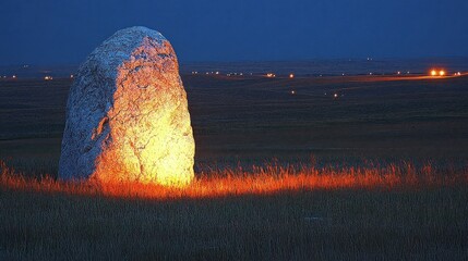 Illuminated standing stone at dusk in a field; lights dot horizon under dark blue sky