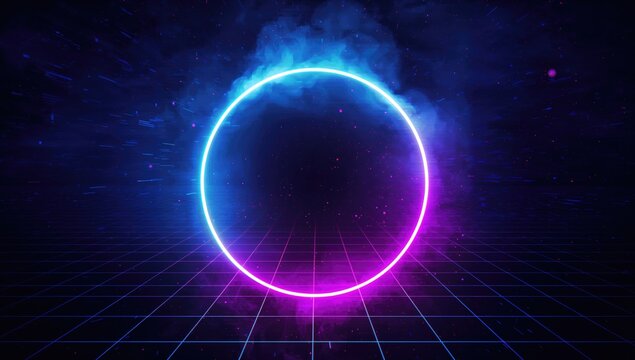 Synthwave Vaporwave Retrowave Glitch Circle featuring blue and pink glows with smoke and particles on a laser grid backdrop, design for digital art applications