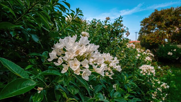 White Bougainvillea from the Nyctaginaceae family in a Mediterranean setting