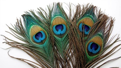 Fototapeta premium Colorful peacock plumes against a plain white backdrop at a festive event