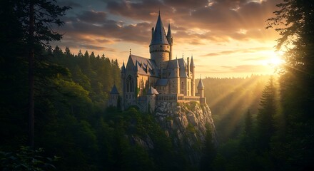 Majestic Castle Bathed in Golden Sunset Light.